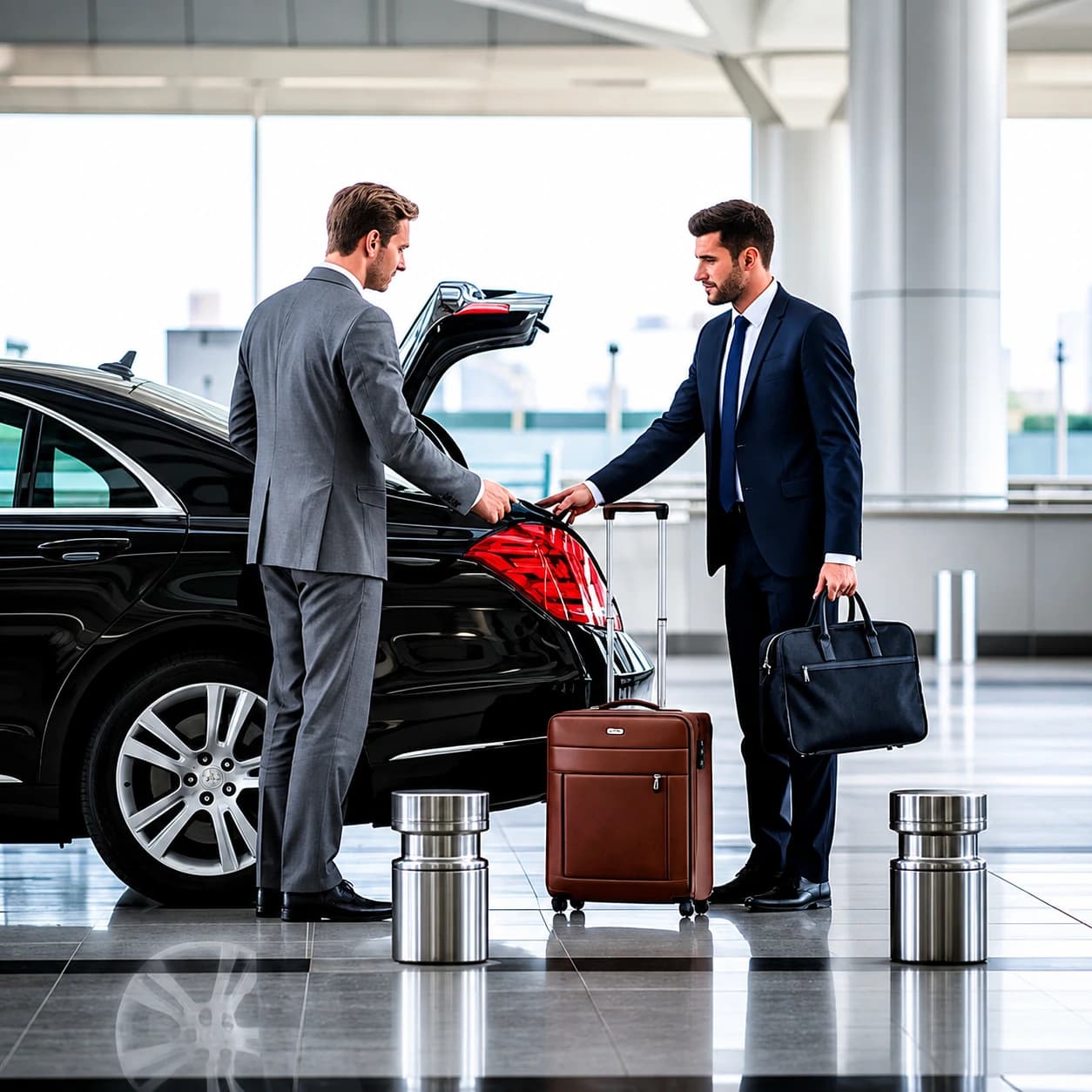 A chauffeur handing over luggage inside the airport terminal