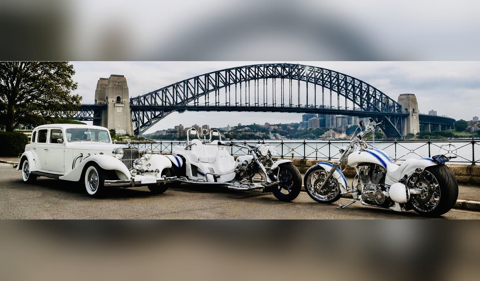 The Excalibur, the Boom Trike and the American Iron Horse motorcycle at Sydney Harbour