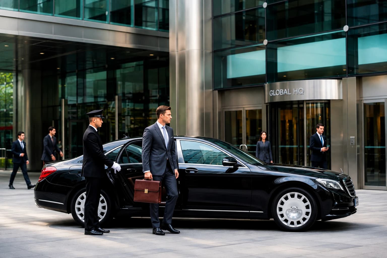A chauffeur holding the rear door open for a guest