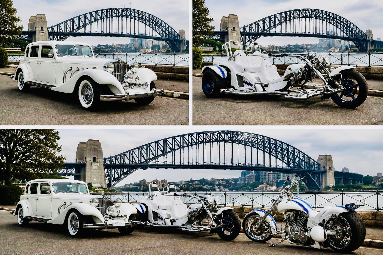 The Excalibur, the Boom Trike and the American Iron Horse motorcycle at Sydney Harbour